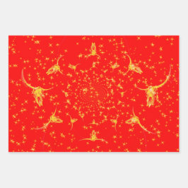 Weihnachts-Western Glitzer Red Gold Giro Kuh Skull Geschenkpapier Set