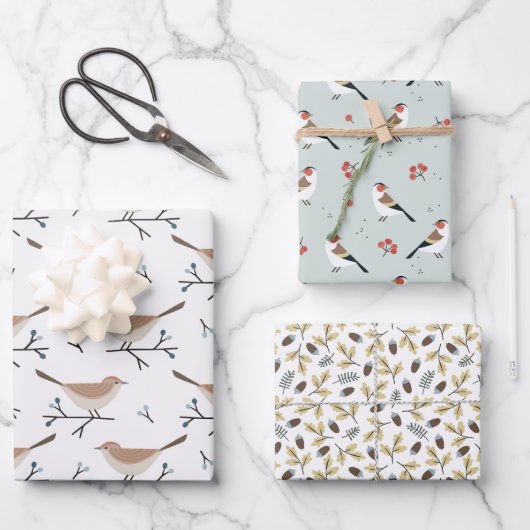 Weihnachts-Wildvögel und -Branchen-Muster Geschenkpapier Set (Vorderseite)