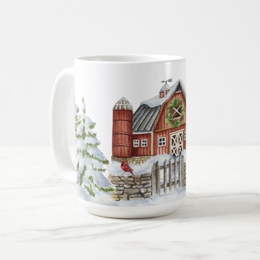 Weihnachts Winter Barn Snowman Trees Red Bird Schn Kaffeetasse (Vorderseite Links)
