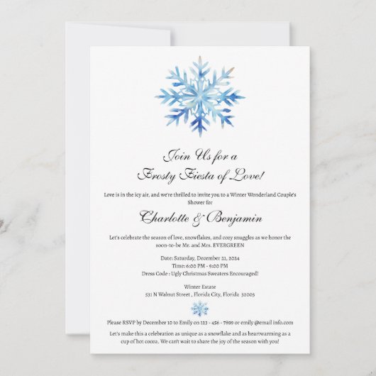 Weihnachts Winter Blue Snowflake Couple Dusche Einladung (Vorderseite)
