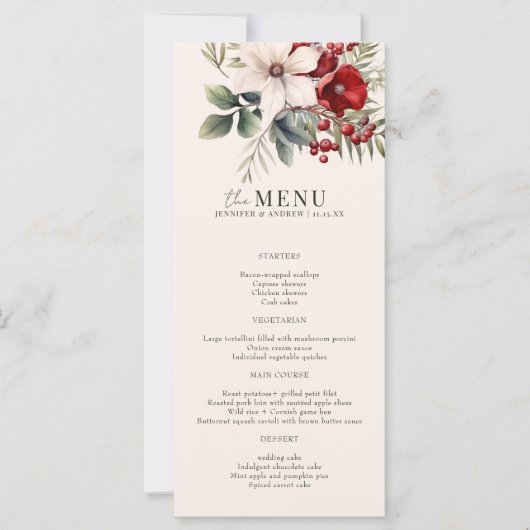 Weihnachts-Winter-Blumen-Hochzeitsmenü elegant (Vorderseite)
