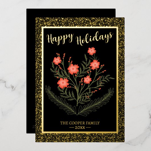 Weihnachts-Winter-Blumengolden-Glitzer Folien Feiertagskarte (Vorderseite/Rückseite)