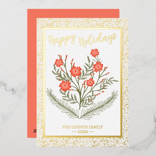 Weihnachts-Winter-Blumengolden-Glitzer Folien Feiertagskarte (Vorderseite/Rückseite)