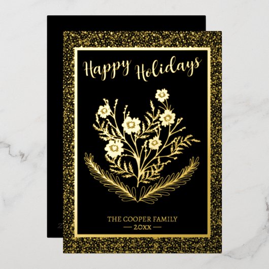 Weihnachts-Winter-Blumengolden-Glitzer Folien Feiertagskarte (Vorderseite/Rückseite)