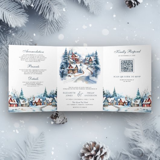 Weihnachts-Winter-Dorf QR Code Hochzeit Dreifach Gefaltete Einladung