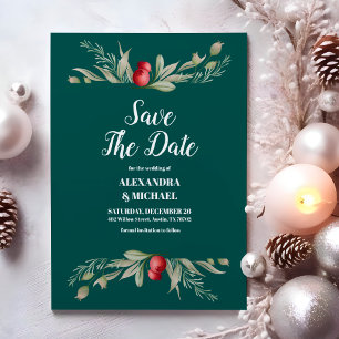 Weihnachts-Winter-Grün Hochzeit Save The Date