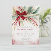 Weihnachts Winter Grün Red Bow Rustikale Hochzeit Einladung (Stehend Vorderseite)