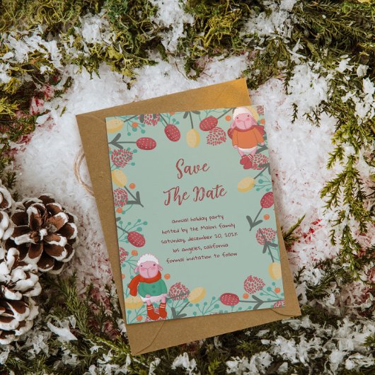 Weihnachts-Winter-Lamm-Blumenrand-Illustration Save The Date