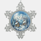 Weihnachts-Winter-Log-Kabine Land Schneeflocken Zinn-Ornament (Vorderseite)