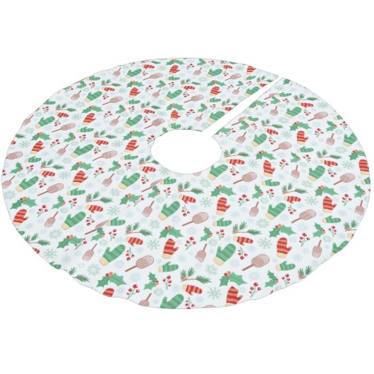 Weihnachts Winter Mittens & Holly Polyester Weihnachtsbaumdecke (Schrägansicht)