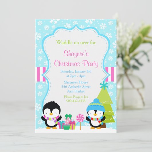 Weihnachts Winter Niedliche Pinguine Einladung (Stehend Vorderseite)