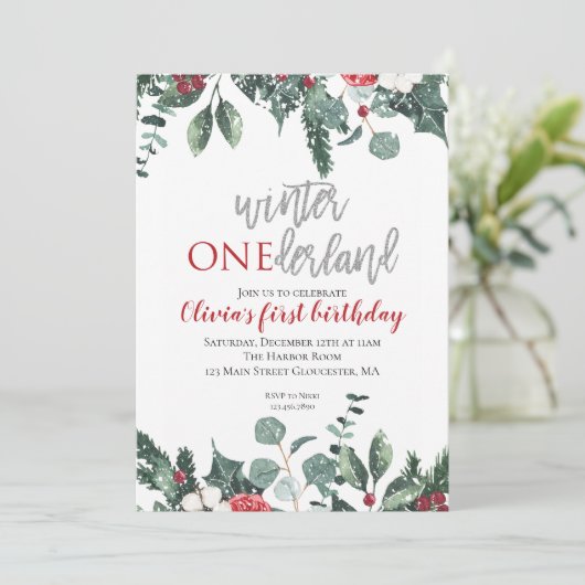 Weihnachts Winter Onederland Erster Geburtstag Einladung (Stehend Vorderseite)
