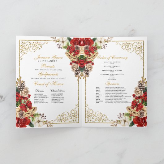 Weihnachts-Winter-Poinsettia-Quinceanera-Programm Einladung (Innenseite)