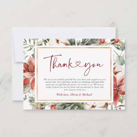 Weihnachts Winter Red Green Gold Hochzeit Dankeskarte (Vorderseite)