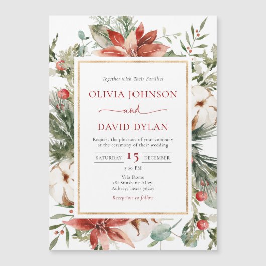 Weihnachts Winter Red Green Gold Hochzeit Magneteinladung (Vorderseite)