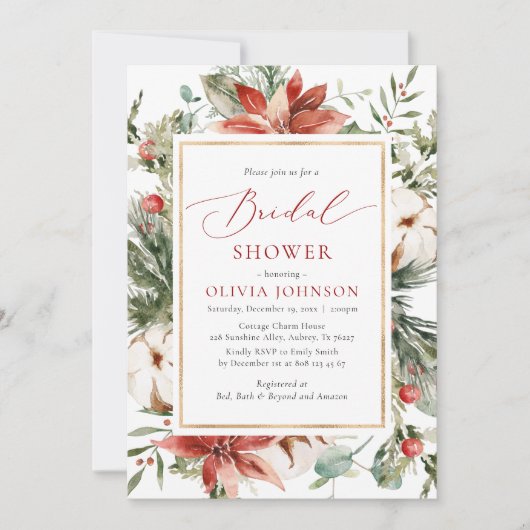 Weihnachts Winter Rote Gold Grüne Brautparty Einladung (Vorderseite)