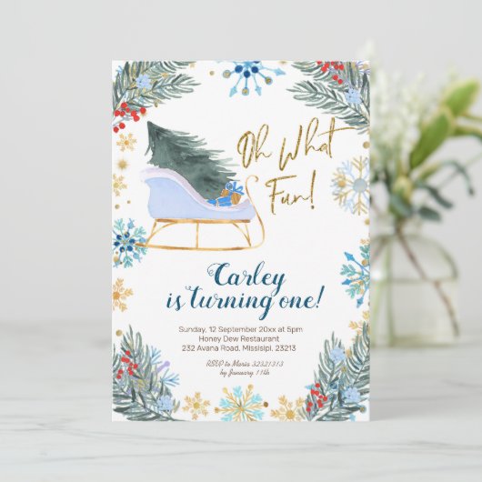 Weihnachts Winter Schlitten Oh, Was Fun Boy Einladung (Stehend Vorderseite)