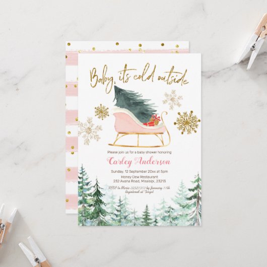 Weihnachts-Winter-Schlittenbaby ist draußen kalt Einladung (Vorderseite/Rückseite Beispiel)