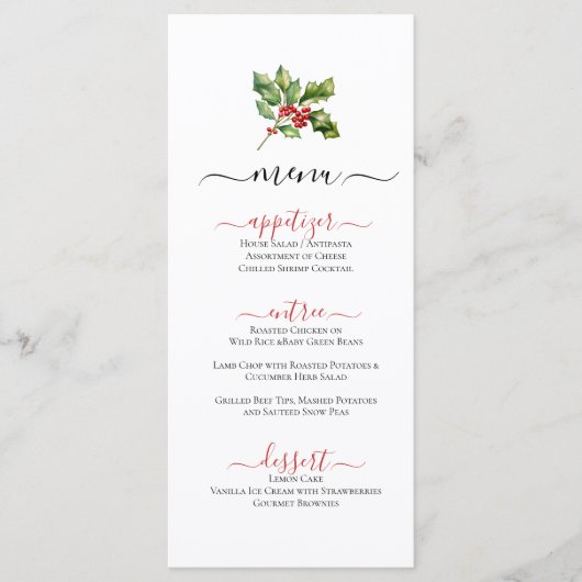 Weihnachts Winter Themed Holly Sprig Flachmenü Menükarte (Vorderseite)
