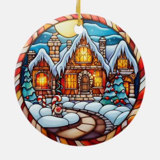 Weihnachts-Winterhaus Buntglas-Stil Keramik Ornament (Hinten)
