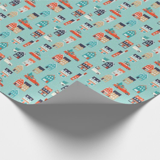 Weihnachts Winterhäuser Rote Auto Geschenkpapier (Ecke)