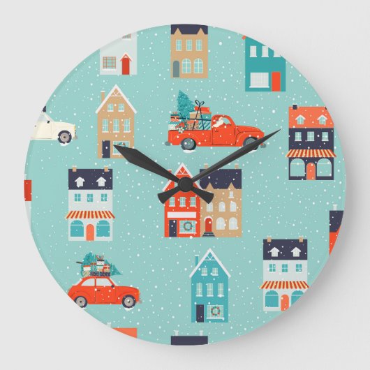 Weihnachts Winterhäuser Rote Auto Große Wanduhr (Vorderseite)