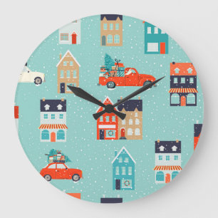 Weihnachts-Winterhäuser rotes Auto Große Wanduhr