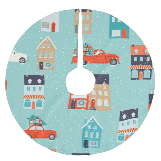 Weihnachts-Winterhäuser rotes Auto Polyester Weihnachtsbaumdecke (Vorderseite)