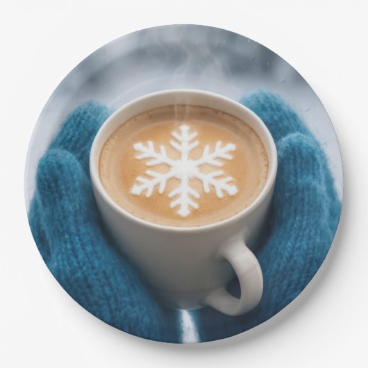 Weihnachts-Winterkaffee mit Handschuhen und Schnee Pappteller (Vorderseite)