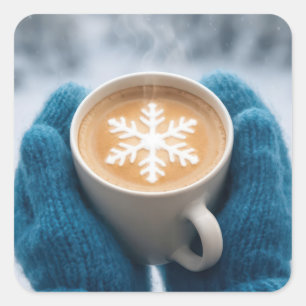 Weihnachts-Winterkaffee mit Handschuhen und Schnee Quadratischer Aufkleber