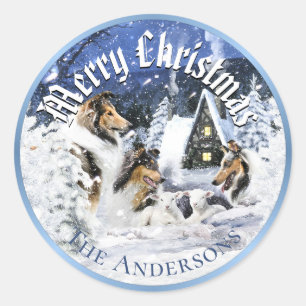 Weihnachts-Wintermärchen, Colliese und Lämmer - Runder Aufkleber