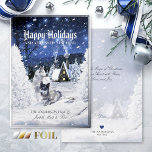 Weihnachts-Wintermärchen, Wolfen im Schnee - Folien Feiertagskarte<br><div class="desc">Mit dieser personalisierten Holiday Grußkarte mit echter Folienapplikation können Sie sich auch an Freunde und Wolfsliebhaber mit wohlüberlegten Weihnachtswünsche wenden. Unser Kunstwerk zeigt eine magische märchenhafte Winterszene mit zwei bemalten Wölfen in einer schneebedeckten Nacht vor einer Fantasiewelt-Hütte. Sie können die Vorderseite der Karte mit einer Überschrift, Unterschrift und Ihrem eigenen...</div>