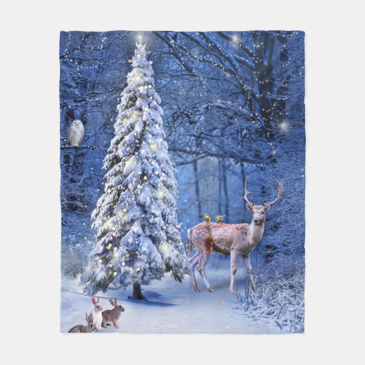 Weihnachts Winterschnee bedeckt Baumlichter Fleecedecke (Vorderseite)