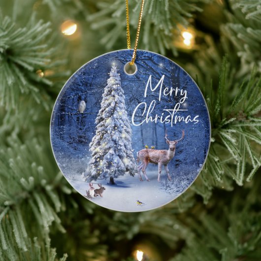 Weihnachts Winterschnee bedeckt Baumlichter Keramik Ornament (Baum)