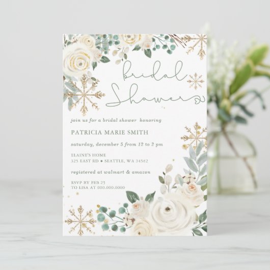 Weihnachts-Winterschneeflocken-Brautparty Einladung (Stehend Vorderseite)