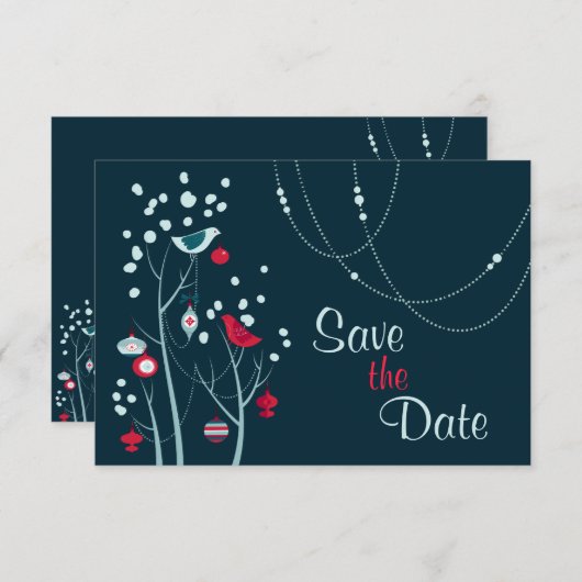 Weihnachts-Wintervögel Hochzeit retten Datum Einladung (Vorne/Hinten)