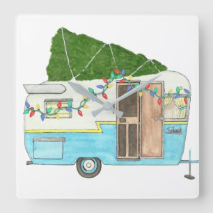 Weihnachts-Wohnwagen im Vintage-Camping-Stil Quadratische Wanduhr