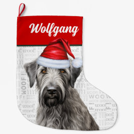 Weihnachts-Wolfshund mit Namen Woof Hintergrund Großer Weihnachtsstrumpf
