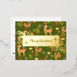 Weihnachts Woodland Green. Personalisiert.Gold. Folien Feiertagspostkarte