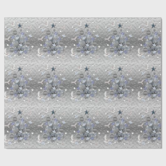 Weihnachts-Wrapping Papier Blue Silver Tree Herz Geschenkpapier (Flach)