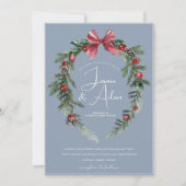 Weihnachts-Wreath-Dusty Blauer Winterfest Hochzeit Einladung (Vorderseite)