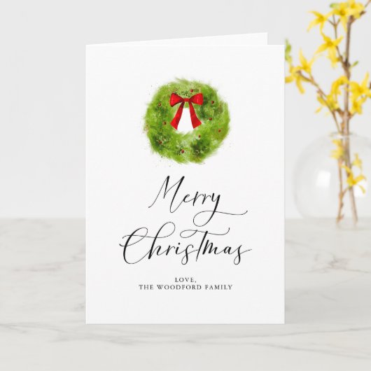 Weihnachts-Wreath Elegante Script Holiday Karte (Gelbe Blume)