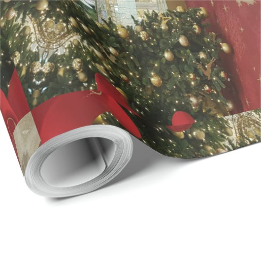 Weihnachts-Wreath-Green-Gold mit Red Star Geschenkpapier (Rolleneckpunkt)