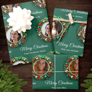 Weihnachts-Wreath-Grünen-Foto Personalisiert Geschenkpapier Set