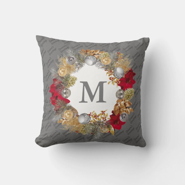 Weihnachts-Wreath-MONOGRAM Grau Kissen (Vorderseite)