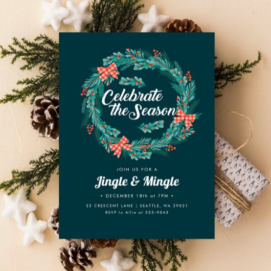 Weihnachts-Wreath-Roten Gingham-Feiertag Einladung