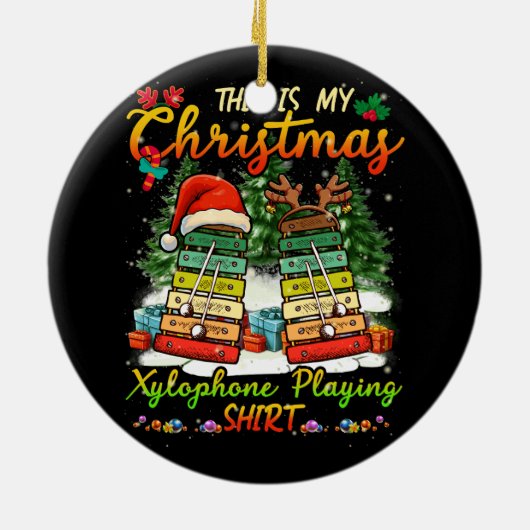 Weihnachts Xylophone Playing Three Santa Elf Xylop Keramik Ornament (Hinten)