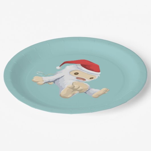 Weihnachts-Yeti-Puppe Eine Weihnachtsmannmütze tra Pappteller (Schrägansicht)