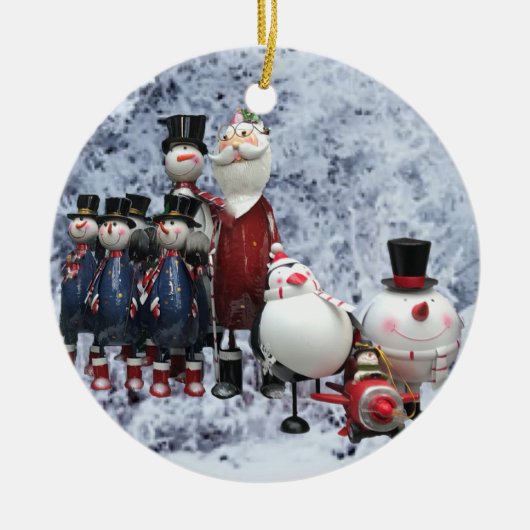 Weihnachts-Zinnchor mit Weihnachtsmann, Schneemann Keramik Ornament (Vorne)
