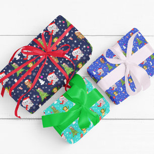 Weihnachts-Zoo-Tiere in Blau Geschenkpapier Set
